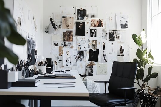 Stylish and Minimalist Workspace with Curated Wall for Fashion Consultations