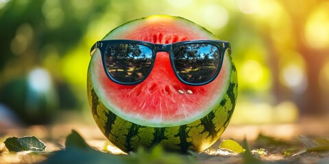 A watermelon is donning glasses and gazing directly into the camera, presenting a quirky and humorous look that captures attention and adds charm.