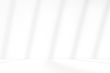 Empty white room studio with house fence shadow overlay. Sunlight and shadow effect. Cosmetic product presentation showroom. Interior design. Minimal Mockup, Summer or Spring season concept.