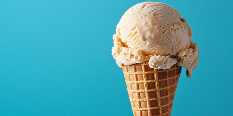 Melting peanut flavor ice cream cone set against a blue background, showcasing the delightful texture and color of the peanut flavor that invites indulgence and refreshment.