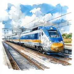 Fototapeta premium Bright Blue and Yellow High-Speed Train on Tracks Under Scenic Sky with Clouds