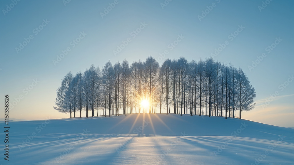 Poster in the center of an endless white snowfield, there is a small grove with slender trees that stand ta