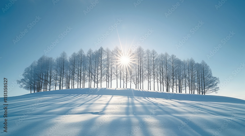 Poster in the center of an endless white snowfield, there is a small grove with slender trees that stand ta