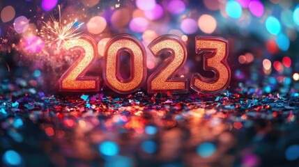 Glowing "2023" with fireworks and confetti on a festive backdrop