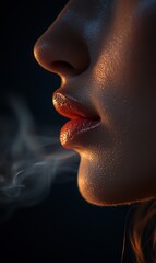 Profile close up of lips with smoke.