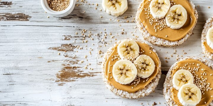 Delicious rice cakes topped with creamy peanut butter, fresh banana slices, and sprinkled sesame seeds, beautifully arranged on a rustic white wooden table, showcasing a nutritious snack idea.