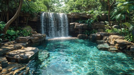 Naklejka premium Tranquil waterfall cascading into a serene pool surrounded by lush greenery.