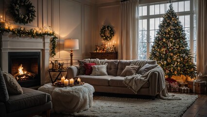 Cozy christmas atmosphere in a living room with fireplace, decorated tree, candles and festive decorations