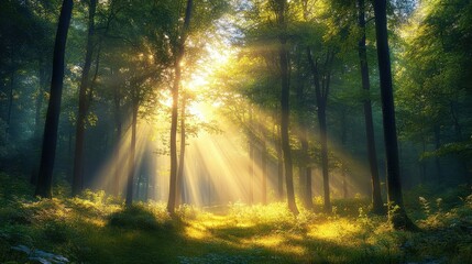 Sunlight streaming through tall trees in a dense forest, creating a magical glow.
