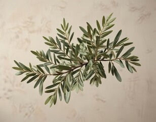 Image of an olive branch with isolated leaves on a neutral-colored surface, foliage, ornamental plant, garden element