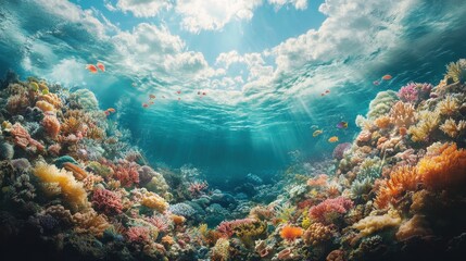 Fototapeta premium Surreal underwater world showcasing vibrant marine life, coral reefs, and a sense of wonder beneath the ocean's surface.