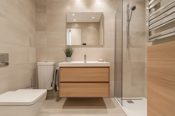 Elegant Compact Bathroom with Matte White Fixtures Wooden Vanity and Smooth Beige Tiles