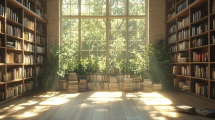 Tall wooden shelves stacked with books of all sizes, bathed in soft sunlight filtering through large windows.