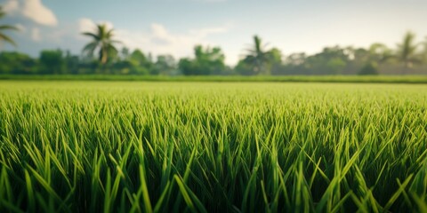 Close up view showcasing a vibrant green paddy field, emphasizing the lush greenery and natural beauty of the paddy field in detail, perfect for highlighting agricultural elements.