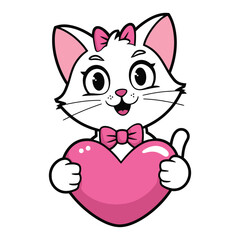 Adorable White Cat Holding a Pink Heart Illustration