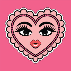 Cute Pink Heart with a Feminine Face and Red Lips Illustration