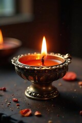 Intricate metalwork diya with a tea light flame, metal craftsmanship, ornate details