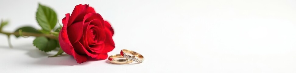 Single red rose and two wedding rings isolated against a white backdrop, wedding, occasion