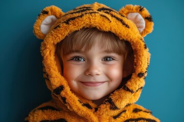 adorable young boy dressed as a playful tiger for halloween, smiling widely against a bright blue banner background, creating a fun and whimsical atmosphere perfect for seasonal festivities
