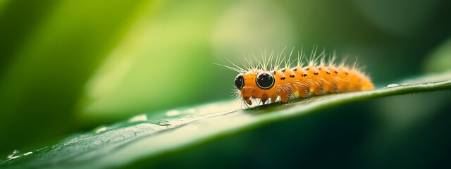 Naklejka premium Close-up of an orange caterpillar on a green leaf.