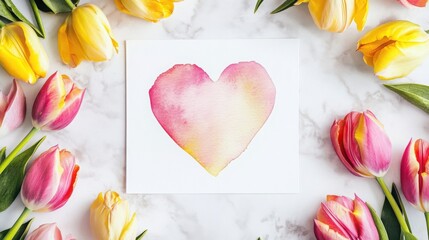 Heart-shaped watercolor card surrounded by vibrant tulips on a marble surface in a bright setting