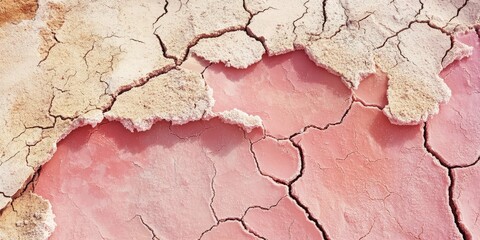 Obraz premium Pink salt texture in a stunning desert landscape. The amazing view of cracked and weathered soil creates a unique atmosphere. Perfect for a wallpaper showcasing pink salt texture and natural beauty.