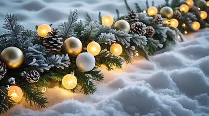 Christmas garland, glowing garland, holiday lights, snowy background, sparkling baubles, pine cones, festive décor, lush greenery, golden glow, Christmas ornaments, winter garland, elegant holiday, ho