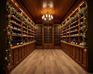 Elegant wooden wine cellar with holiday baubles and soft golden garlands Generative AI