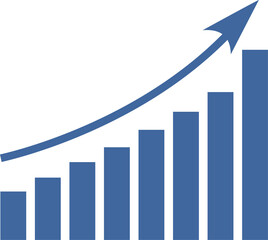 Blue and white graphic with a blue arrow pointing up. The graph consists of blue rectangles that...