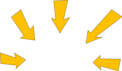 A yellow arrow pointing to the right with five other arrows pointing in different directions. Concept of direction and movement, with the arrows representing different paths or choices