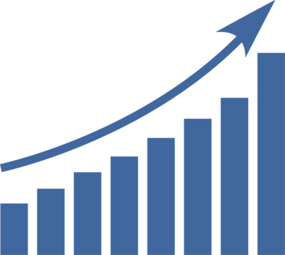 Blue and white graphic with a blue arrow pointing up. The graph consists of blue rectangles that overlap each other. Concept of growth and progress. Transparent background