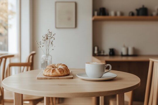 Cozy Scandinavian Cafe with Latte and Danish Pastry on Clean White Plate