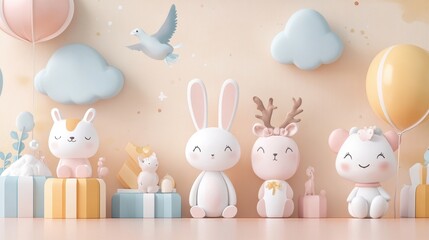 Whimsical baby shower invitation adorned with cute animal illustrations and pastel hues, creating a joyful atmosphere for the event.