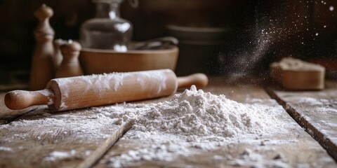 Horizontal view of a wooden table featuring scattered flour and a rolling pin, creating an inviting scene for baking enthusiasts. Flour and rolling pin are key elements in this composition.
