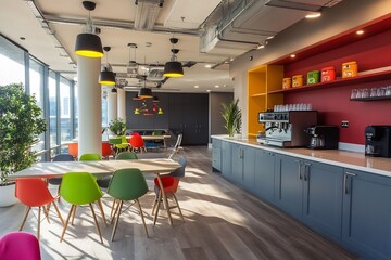 Bright and Vibrant Office Kitchen with Communal Dining and Casual Seating for Employees
