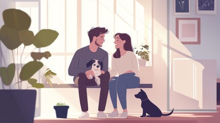 casual couple with rescue dog artwork, minimalist animation style, soft color scheme, heartwarming pet adoption scene, simple vector shapes, contemporary illustration, emotional connection, tender