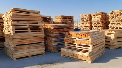 Outdoor Wood Pallet Storage, Sunny Yard, Lumber Stacked, Construction Material, Shipping.