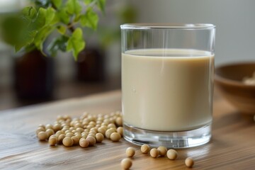 Refreshing soy milk in a glass sits on a wooden table, surrounded by soybeans, embodying a healthy and sustainable vegan lifestyle