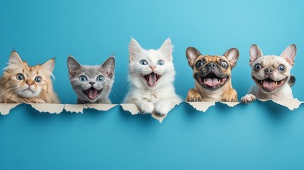 Naklejka premium Charming pets emerging from holes arrangement, snow white cat portrait, tan spitz dog laughing, blue-eyed gray kitten, fawn pug silly face, detailed fur rendering, cerulean blue background, clean