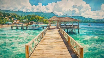 Fototapeta premium Serene Pier Paradise: A Watercolor Coastal Escape