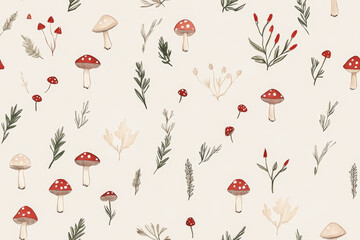 Whimsical Woodland Pattern: A charming and delicate seamless pattern featuring red and white mushrooms, sprigs of foliage, and tiny berries, creating a whimsical woodland scene.  