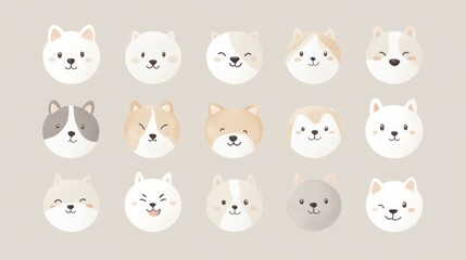 Fototapeta premium cute dog emoji set, light color palette circles, minimalist animal drawings, whimsical pet illustrations, gentle pencil strokes, expressive cartoon dogs, rounded shapes, doodle art style, cheerful