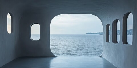 Sea view visible through a series of small semicircular windows, framed by a gray wall featuring multiple small windows, creating a unique perspective of the stunning sea view.