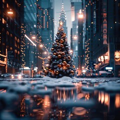 A snowy cityscape with Christmas tree decorated with ornaments shaped like stock chart lines and trading candlesticks.