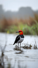 Fototapeta premium Red-crested Cardinal wading in wetland, misty background, wildlife photography.