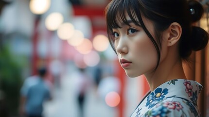 Fototapeta premium A young japanese woman in a floral yukata looks over her shoulder in a softly lit street scene.
