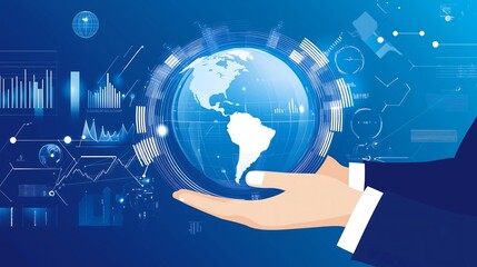 A business professional's hand cradles a digital globe, symbolizing global connectivity and technology.