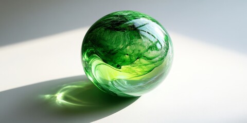 Handcrafted green glass marble keepsake souvenir made at home. This unique marble serves as a memorable gift or decorative item, showcasing a personal touch.