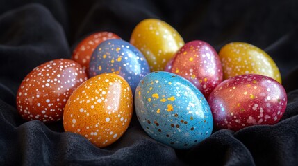 Fototapeta premium Colorful speckled Easter eggs on dark fabric