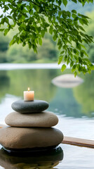 Serene lakeside spa candle meditation stones tranquility.
